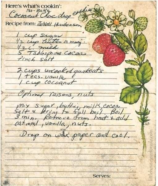 Handwritten vintage recipe card for no-bake coconut chocolate drop cookies