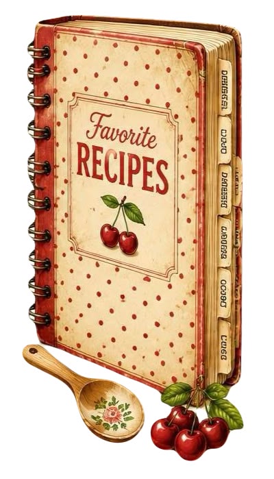 Vintage Favorite Recipes tabbed recipe book with cherries