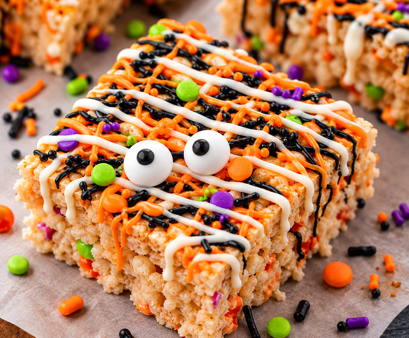 Halloween rice crispy treat with candy eyeballs